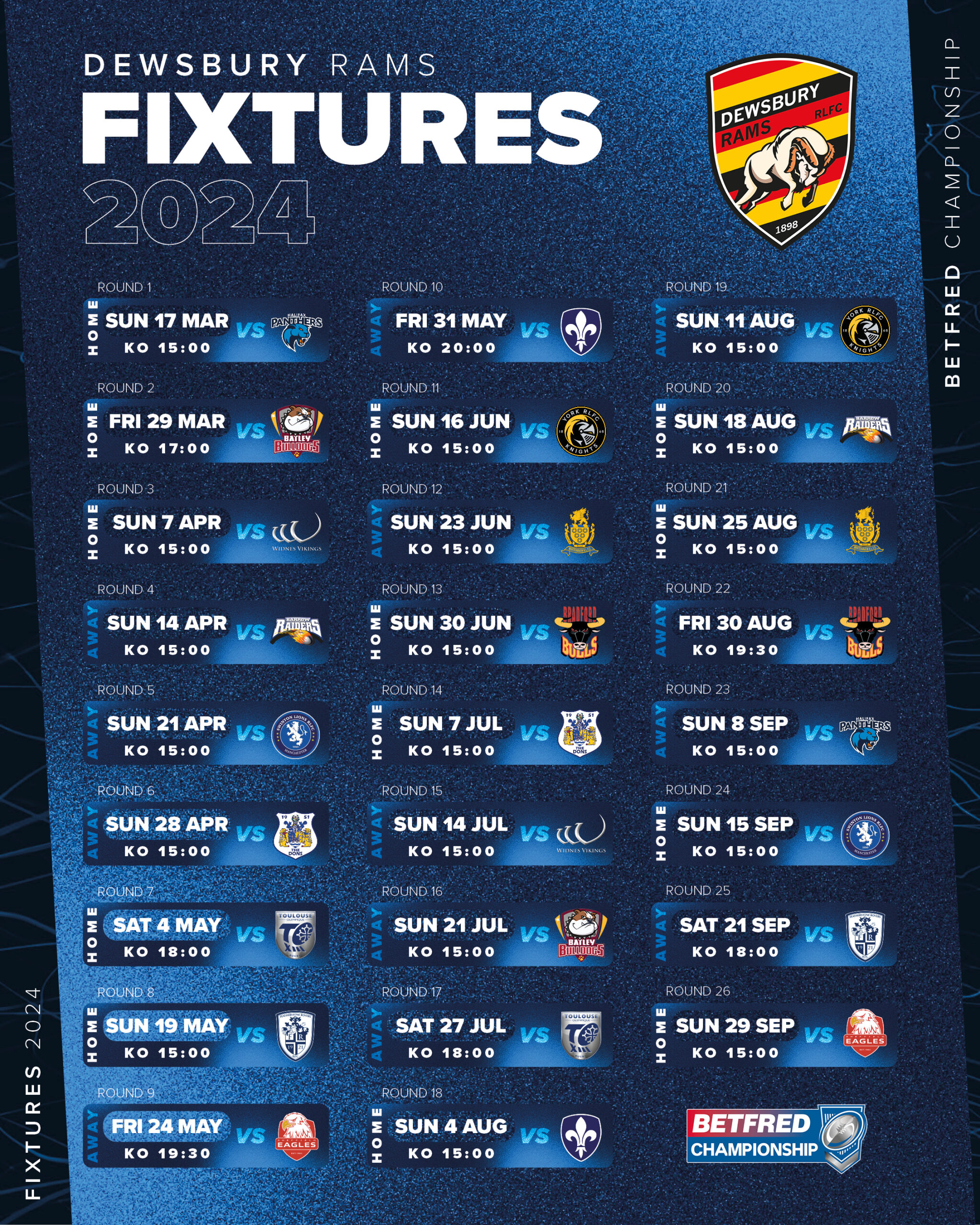 2024 CHAMPIONSHIP FIXTURES RELEASED – Dewsbury Rams RLFC